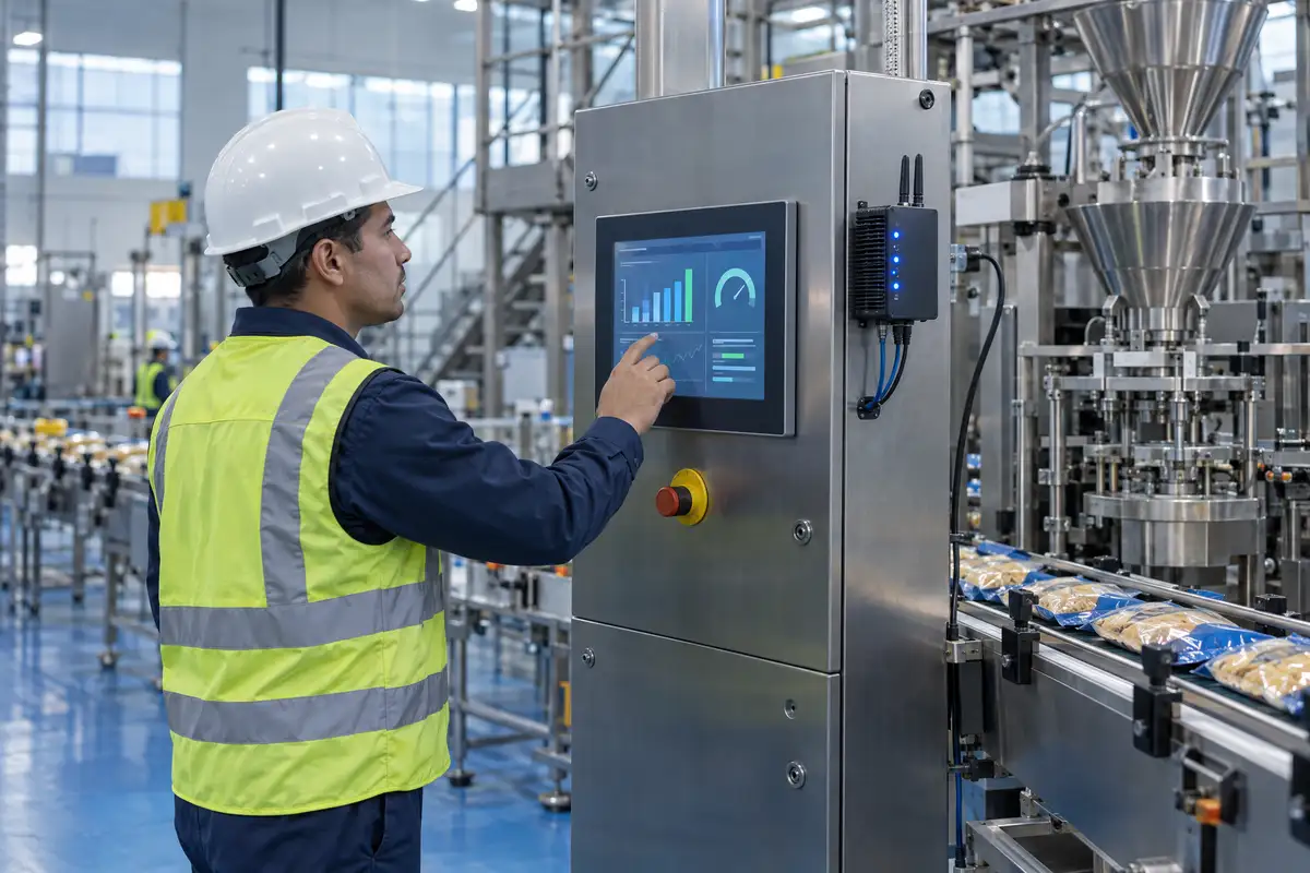 Línea de producción de alimentos con monitoreo OEE en tiempo real
