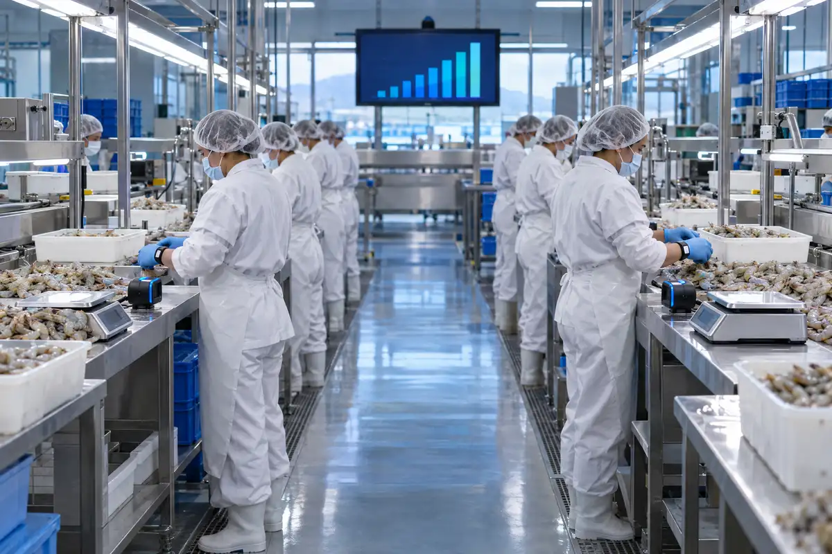 Procesamiento de camarón con control de productividad por operario